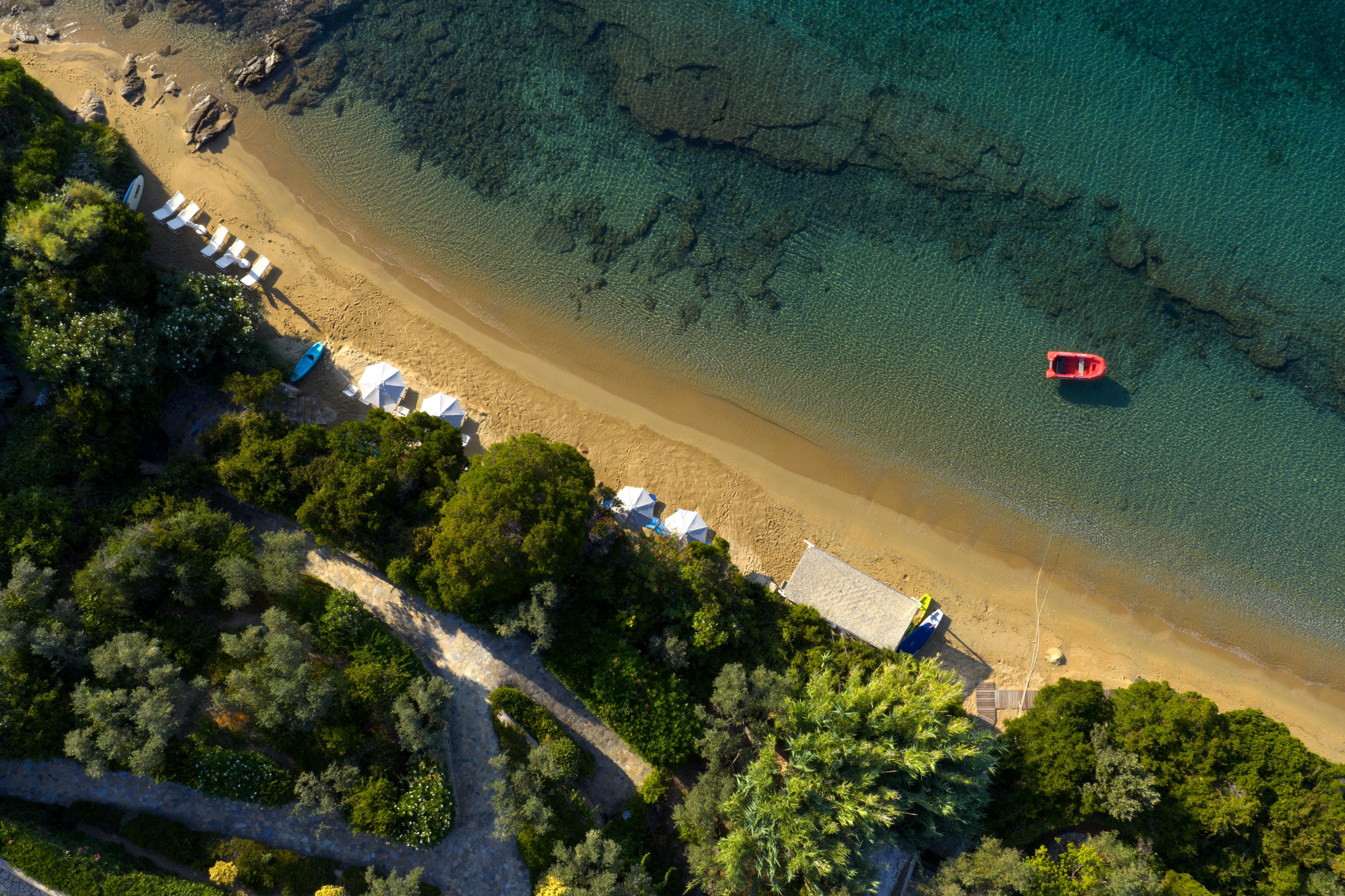 The bay from above, with the estate path winding down through the trees to the sand